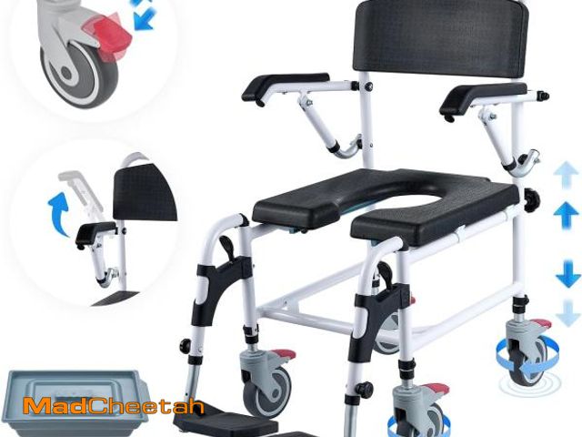 Lot 74-12098609 - (MISSING HARDWARE) VEVOR Shower Commode Wheelchair with 4 Lockable Wheels, Footrests, Flip-up Arms, ...