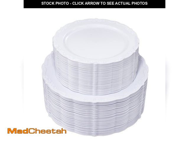 Lot 74-12460598 - U-QE 100 Pieces White Disposable Plates - Premium Hard Plastic Plates for Wedding and Party Use Incl...