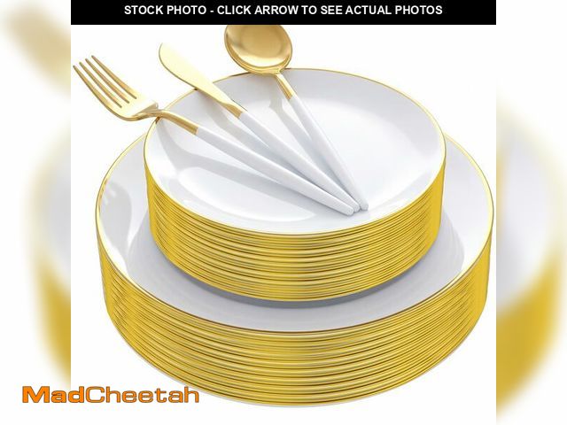 Lot 74-14385549 - Supernal Gold Disposable Plates Silverware Set Serves 30 Birthday Wedding - USED