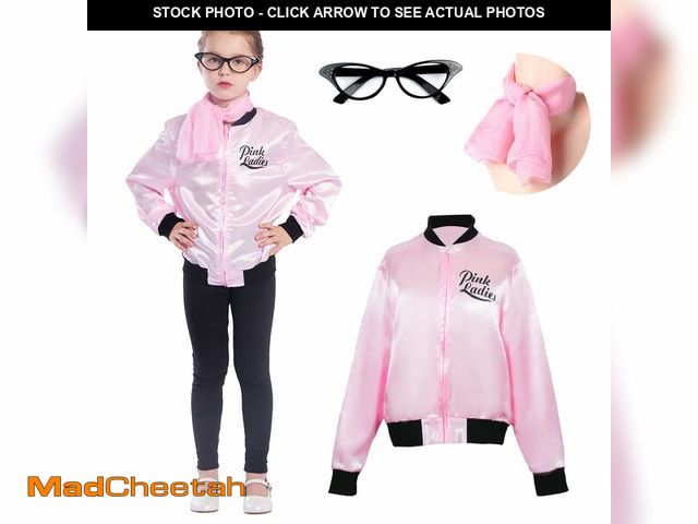 Lot 74-14064610 - Sincere Party Pink Satin Jacket Back to the 50s Costume for Girls with Glasses,Scarf,Earrings Small(...
