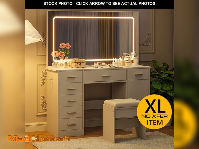 Lot 74-13577473 - Garvee Vanity Desk with Mirror and Lights, White Makeup Vanity with 7 Drawers, 3 Light Mode and Brig...