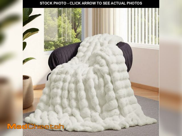 Lot 74-12703092 - Lotus Karen Faux Fur Throw Blanket Cream White - Big Bubble Rabbit Fluff Blanket for Couch, Small Fl...