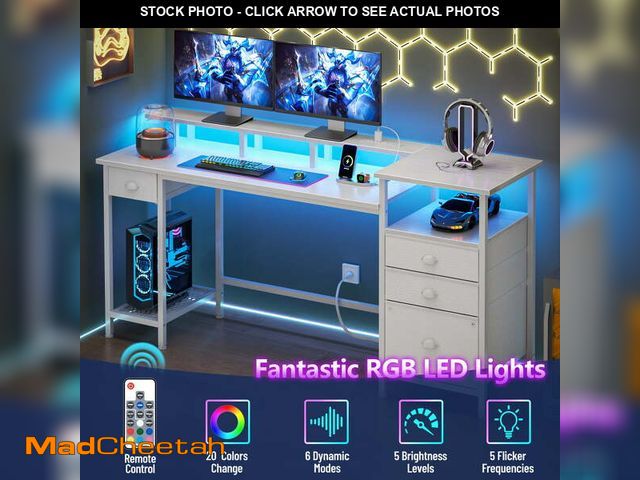 Lot 74-14437994 - Satifur Computer Desk with 4 Drawers, 60 Inch Reversible Desk with Led Lights &amp; Power Outlet, Ho...
