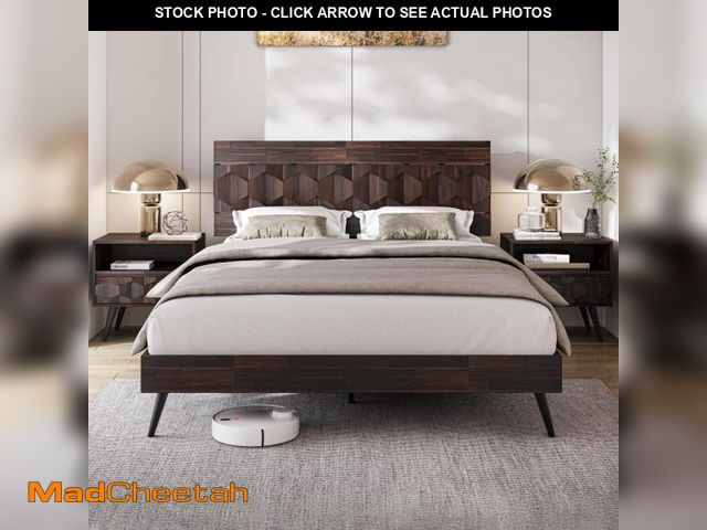 Lot 74-12430872 - Bme Georgina Signature Bed Frame with Handcrafted Geometric Headboard, Mid Century Modern, Solid Aca...