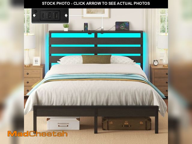 Lot 74-13789703 - Rolanstar Full Size Bed Frame with USB Charging Station, LED Bed Frame with Wood Storage Headboard, ...
