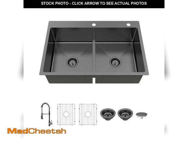 Lot 74-14306226 - Glacier Bay 33 in. Drop-In Double Bowl 18-Gauge Gunmetal Black Stainless Steel Kitchen Sink with Spr...