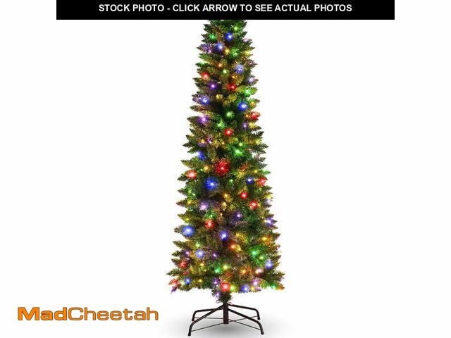 Lot 74-12887644 - Funcid 6ft Pre-Lit Artificial Hinged Slim Pencil Christmas Tree with 250 Multi-Color Lights, 972 Bra...