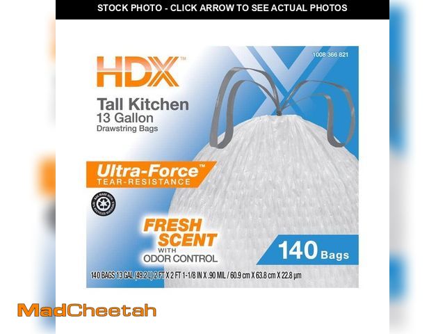 Lot 74-12516879 - HDX 13 Gal. Scented Flex Drawstring Kitchen Trash Bags with 10% PCR (140-Count) - UNUSED