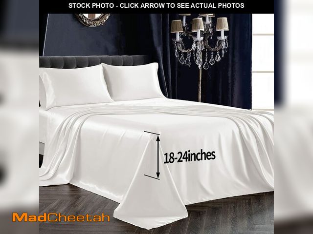 Lot 74-12717060 - SiinvdaBZX 4Pcs Satin Sheet Extra Deep Pocket Queen Size, Ultra Silky Soft Ivory White Satin Queen B...