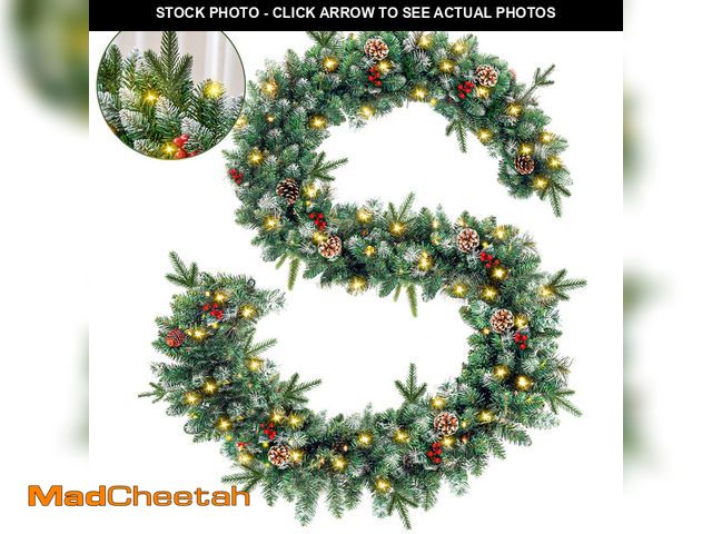 Lot 74-12831574 - 9ft Pre-Lit Christmas Garland with Warm White LED Lights, 8 Modes, Red Berries and Frosted Pinecones...