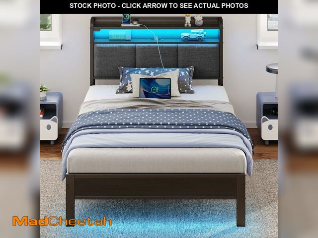 Lot 74-12819871 - Rolanstar Bed Frame Twin Size with Charging Station and LED Lights, Upholstered Headboard with Stora...