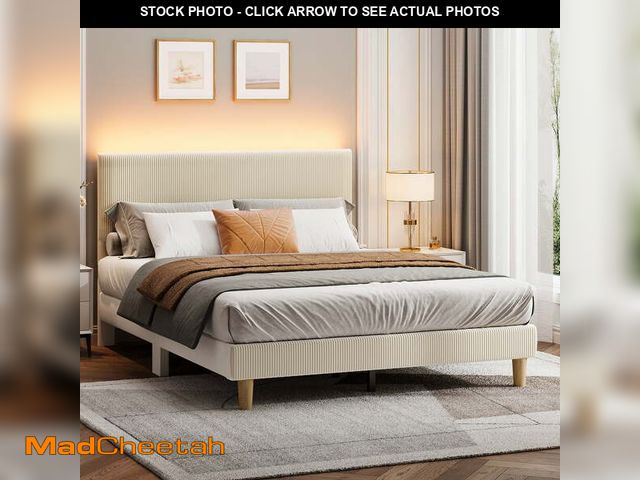Lot 74-13766004 - Bestier Corduroy Upholstered Queen Bed Frame with Adjustable Headboard, Platform Bed Frame with LED ...