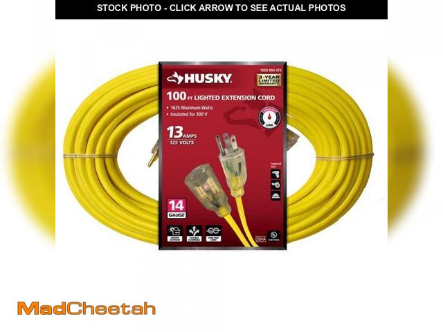 Lot 74-11825993 - Husky 100 ft. 14/3 Medium Duty Indoor/Outdoor Extension Cord with Lighted End, Yellow - UNUSED