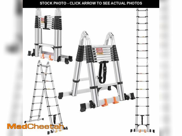 Lot 74-12572074 - DEZEX Telescoping Ladder A Frame 16.5 FT,Aluminum Extension Ladder with Balance Bar,Wheels and 2 Tri...