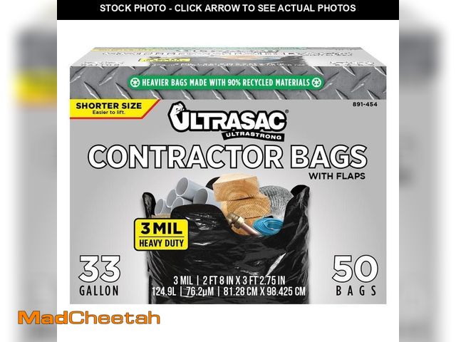 Lot 74-14356811 - Ultrasac 33 Gal. Short Heavy Duty Contractor bags with Flaps (50 Count) - UNUSED