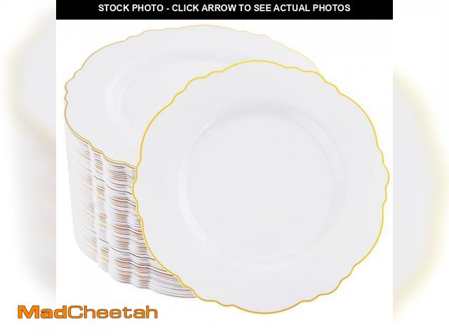 Lot 74-12315068 - WDF 60pcs Gold Dessert Plates-7.5inch Baroque White and Gold Small Plastic Plates/Disposable Dessert...