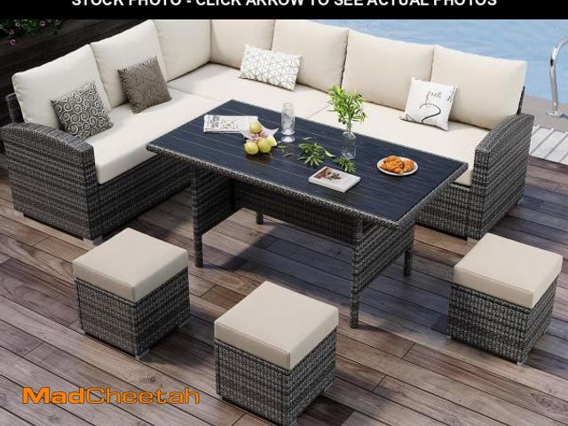 Lot 74-12154609 - 7 Pieces Patio Furniture Sets, Outdoor Wicker Conversation Sets with Plastic Wooden Table and 3 Otto...
