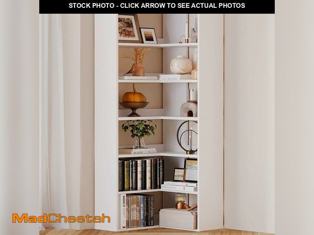 Lot 74-13073884 - OneBlis Corner Bookshelf, Freestanding L Shaped Display Shelf, 6 Tiers Bookcase with Baffles, Wooden...