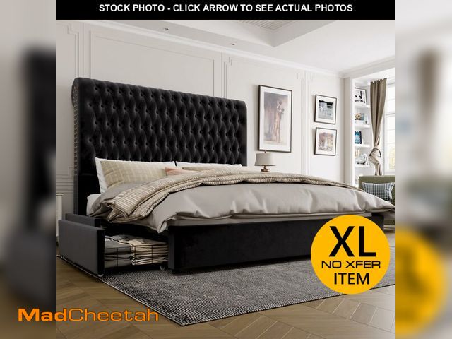 Lot 74-12724405 - King Size Bed Frame 54" Tall Headboard with Gorgeous Button Tufted and Nail, Velvet Fabric Upholster...