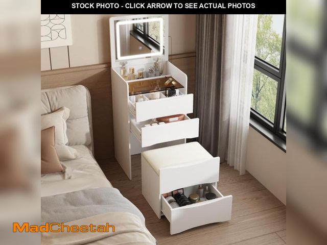 Lot 74-12480963 - Joqixon Vanity Desk With 3 Color Lights Flip Mirror Makeup Table With 3 Drawers &amp; Stool Storage ...