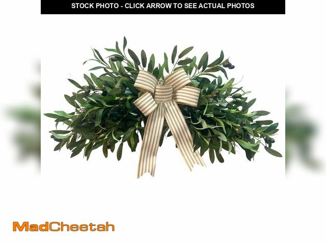Lot 74-14272855 - Svndlyn Pre-lit Artificial Olive Branch Swag with Striped Bow - 20 LED Teardrop Wreath for Front Doo...