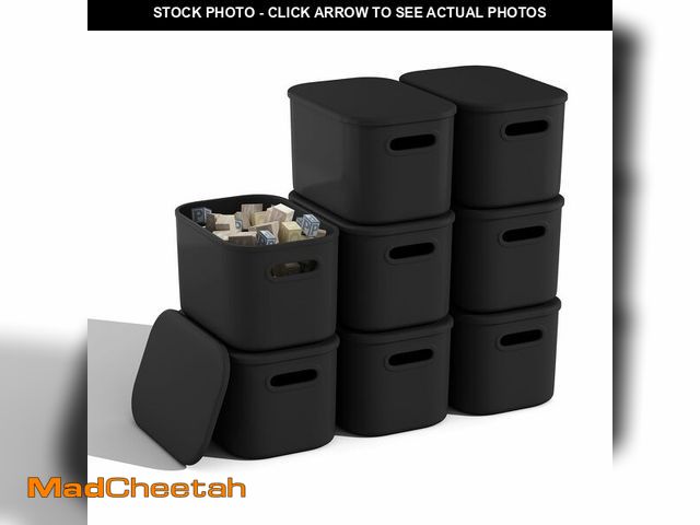 Lot 74-14264027 - 8 Pack Black Storage Bins with Lids for Shelves, Plastic Storage Containers with Lids for Organizing...