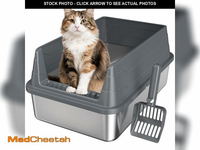 Lot 74-14272630 - Stainless Steel Cat Litter Box, Odor Free Metal Litter Box with High Sides Lid, Open Top Low Entry L...