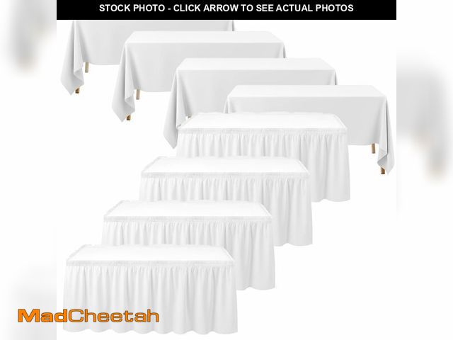 Lot 74-14056229 - 8 Pcs White Table Skirts and Stain Proof Table Cloths 168 x 29 Rectangle Fitted Tablecloth with Plea...