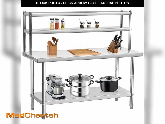 Lot 74-13089654 - EliteEdge Commercial Stainless Steel Prep Table with Adjustable Shelves and Side Hooks, 48" X 24" He...