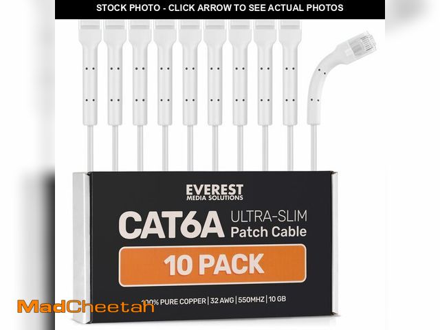 Lot 74-13542736 - Everest Ultra Slim Cat6a Ethernet Patch Cables 0.5ft (10-Pack) White - 6 Inch 10GB Cat 6a Patch Cabl...