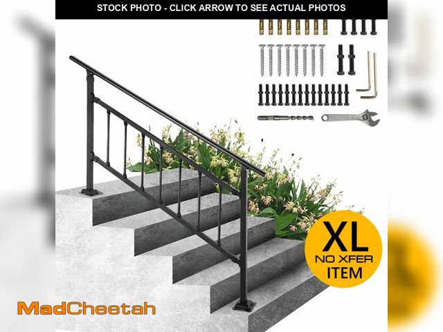 Lot 74-12763031 - VEVOR Outdoor Stair Railing, Fits for 1-5 Steps Transitional Wrought Iron Handrail, Adjustable Exter...