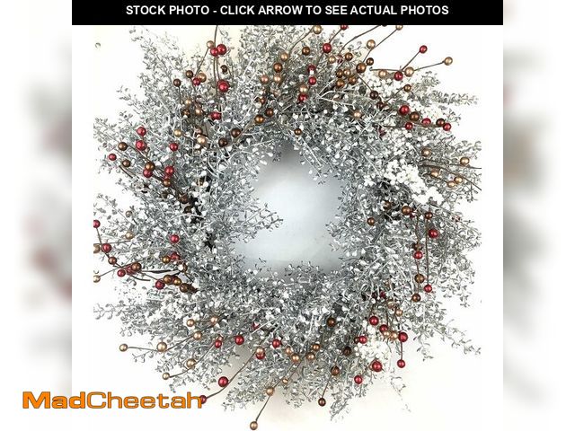 Lot 74-13710844 - Winter Front Door Wreath 24 Inch Winter Wreaths with Metallic Silver Boxwood, Red Golden White Berry...