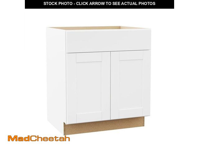 Lot 74-13611244 - Hampton Bay Shaker 30 in. W x 24 in. D x 34.5 in. H Assembled Sink Base Kitchen Cabinet in Satin Whi...