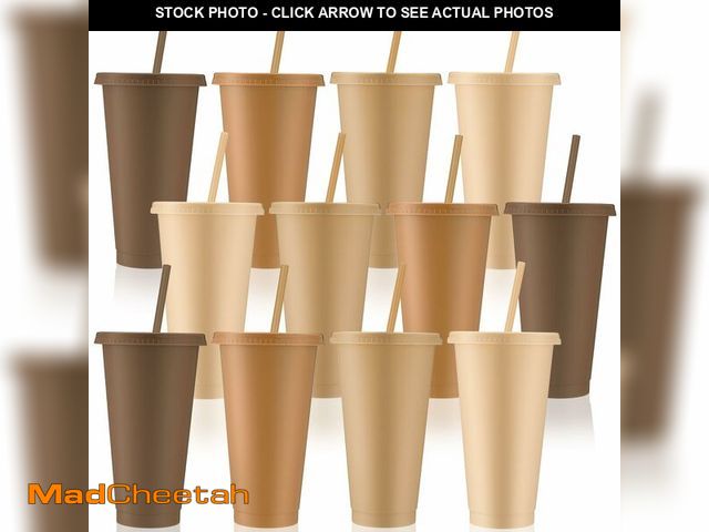 Lot 74-13954391 - Skylety 12 Pcs Brown Plastic Cups with Lids and Straws 24 oz Reusable Tumbler Large Travel Mug Cup C...