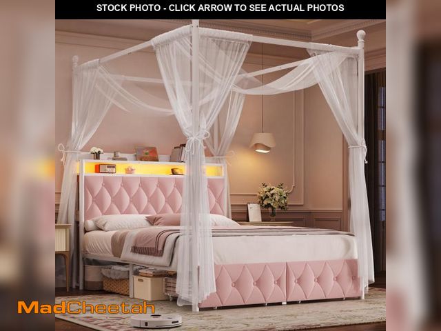 Lot 74-12378862 - Hiphuta Full Size Upholstered Canopy Bed with Charging Station &amp; Storage Drawer,Button Tufted He...