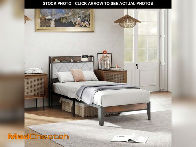 Lot 74-13779333 - EDX Twin Bed Frame with Headboard Integrated Charging Station, Spacious Underbed Storage, Simple No-...