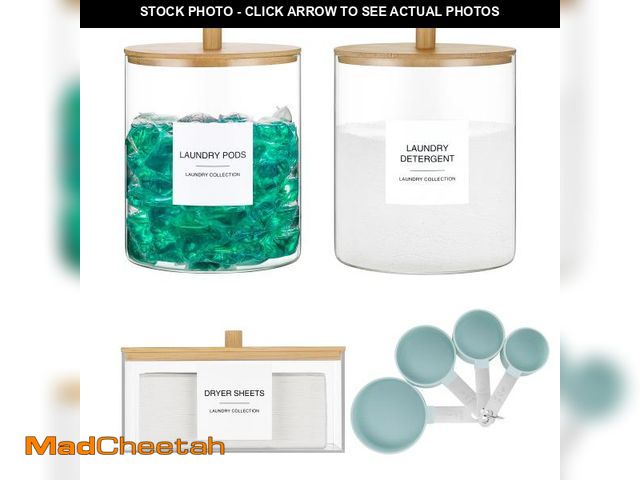 Lot 74-12110379 - 3 Pack Glass Jars and Acrylic Dryer Sheet Holder, Laundry Pods Container with Bamboo Lid and Measuri...