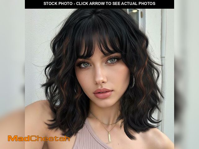 Lot 74-14149601 - Lativ Black Mix Brown Wig with Bangs Short Wavy Wigs for Women Shoulder Length Curly Bob Wigs 14 Inc...