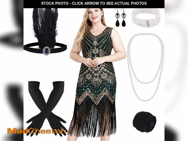 Lot 74-13542547 - ELECLAND 1920s V Neck Sequin Beaded Fringed Dress with 20s Accessories Set (Green (style 2), X-Large...