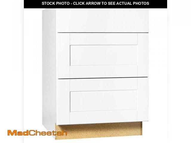 Lot 74-12184492 - Hampton Bay Shaker 24 in. W x 24 in. D x 34.5 in. H Assembled Drawer Base Kitchen Cabinet in Satin W...