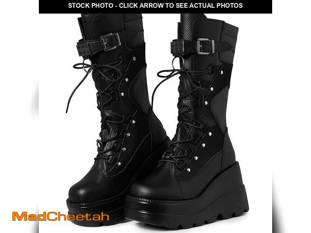 Lot 74-12718142 - Tscoyuki Womens Goth Platform Boots Chunky Wedge Heel Rave Combat Boots Lace Up and Zipper Round Toe...