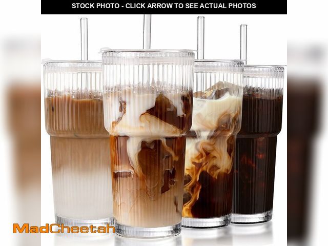 Lot 74-14060572 - Iced Coffee Cups with Lids: Coffee Bar Accessories - Ribbed Glass Tumbler with Straw and Lid 4Pcs - ...