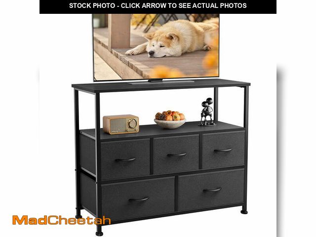 Lot 74-12781702 - (MISSING HARDWARE) JIOABL 5 Drawer Dresser with TV Stand for Bedroom, Tall Chest Organizer with Fabr...