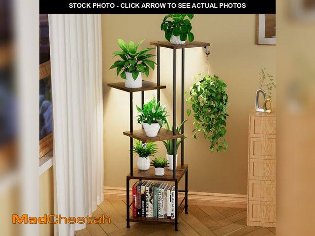 Lot 74-14381415 - Homsorout Plant Stand Indoor with Grow Light - 5-Tier Metal Plant Shelf with Hanging Basket Hook, Co...