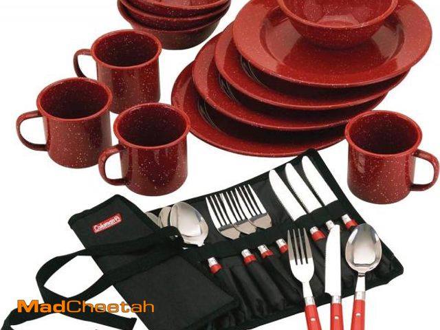 Lot 74-12324992 - Coleman 24-Piece Enamel Dinnerware Set for Outdoor Dining, Dishwasher Safe, Full Dinnerware &amp; Fl...