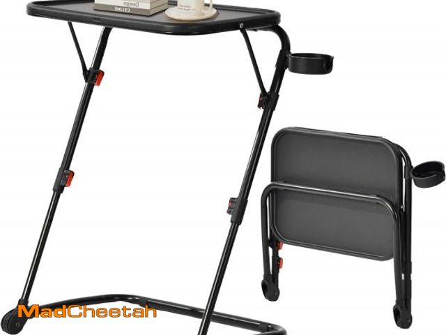 Lot 74-12396679 - FurnitureR Folding TV Tray Z-Shaped with Cup Holder, Foldable Snack Dinner Side Table with 4 Height ...