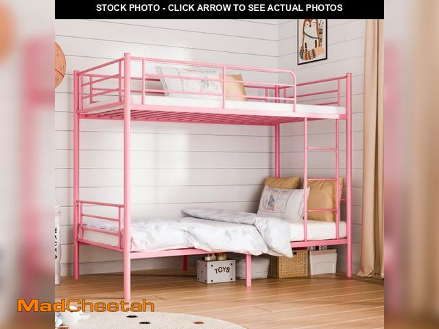 Lot 74-12514885 - Zimtown Twin over Twin Steel Bunk Beds Frame Ladder Bedroom Dorm Room,Pink - UNUSED