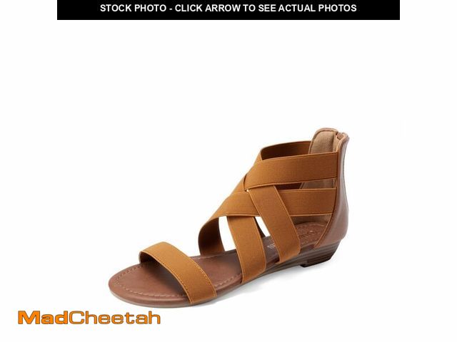 Lot 74-14047036 - DREAM PAIRS Women's Elastic Ankle Strap Sandals Gladiator Strappy Low Wedges Sandals,Size 10,Tan,ELA...