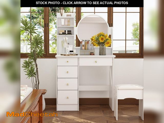 Lot 74-12659542 - FUFU&amp;GAGA 5-Drawers White Makeup Vanity Table Set with Stool Dressing Desk Vanity Wood with Roun...