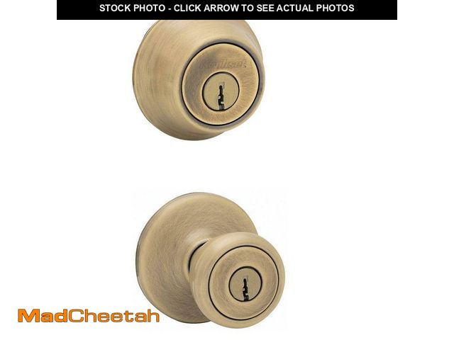 Lot 74-12671853 - Kwikset Tylo Antique Brass Exterior Entry Door Knob and Double Cylinder Deadbolt Combo Pack - UNUSED